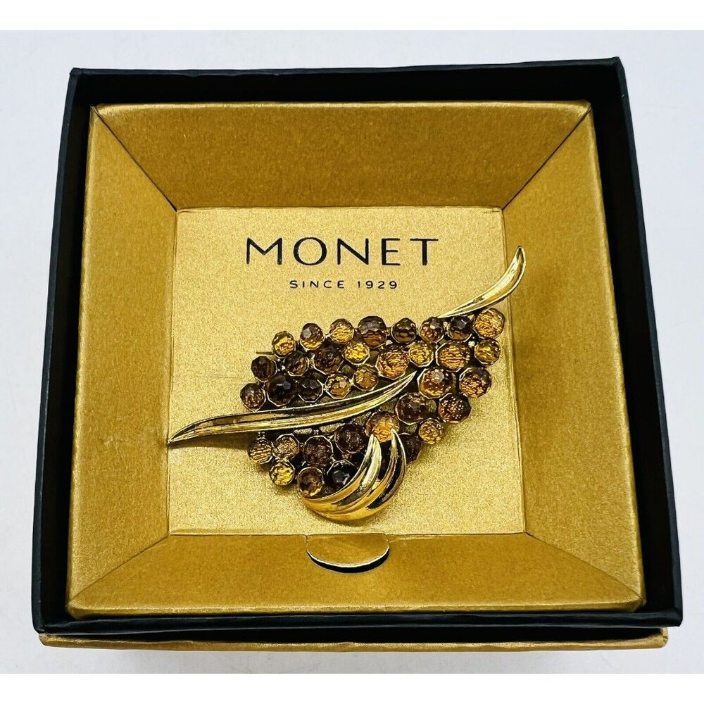 Vintage Monet Gold Tone Rhinestone Leaf Brooch Pin‎ Faceted Glass
